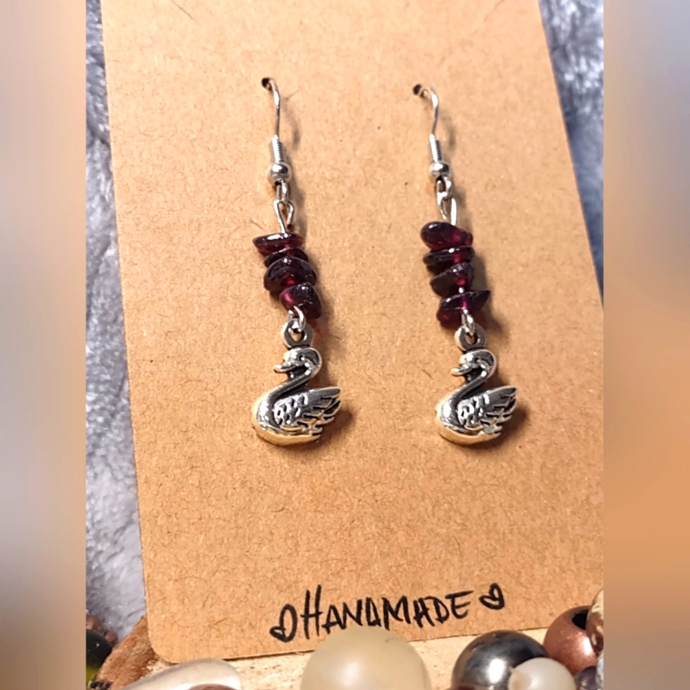 Red Garnet Swan Charm Artisan Earrings